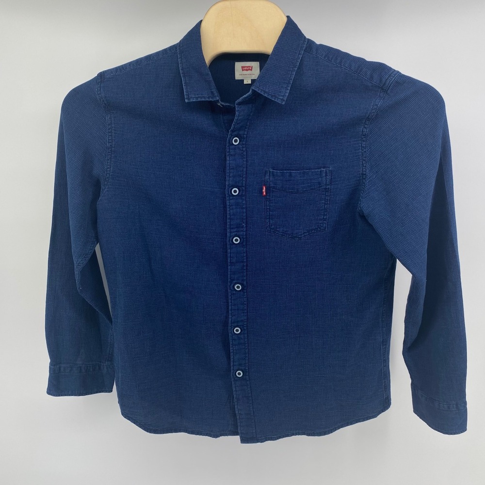 Levis Mens Long Sleeve Button Down Shirt Indigo Blue Textured Waffle Size L